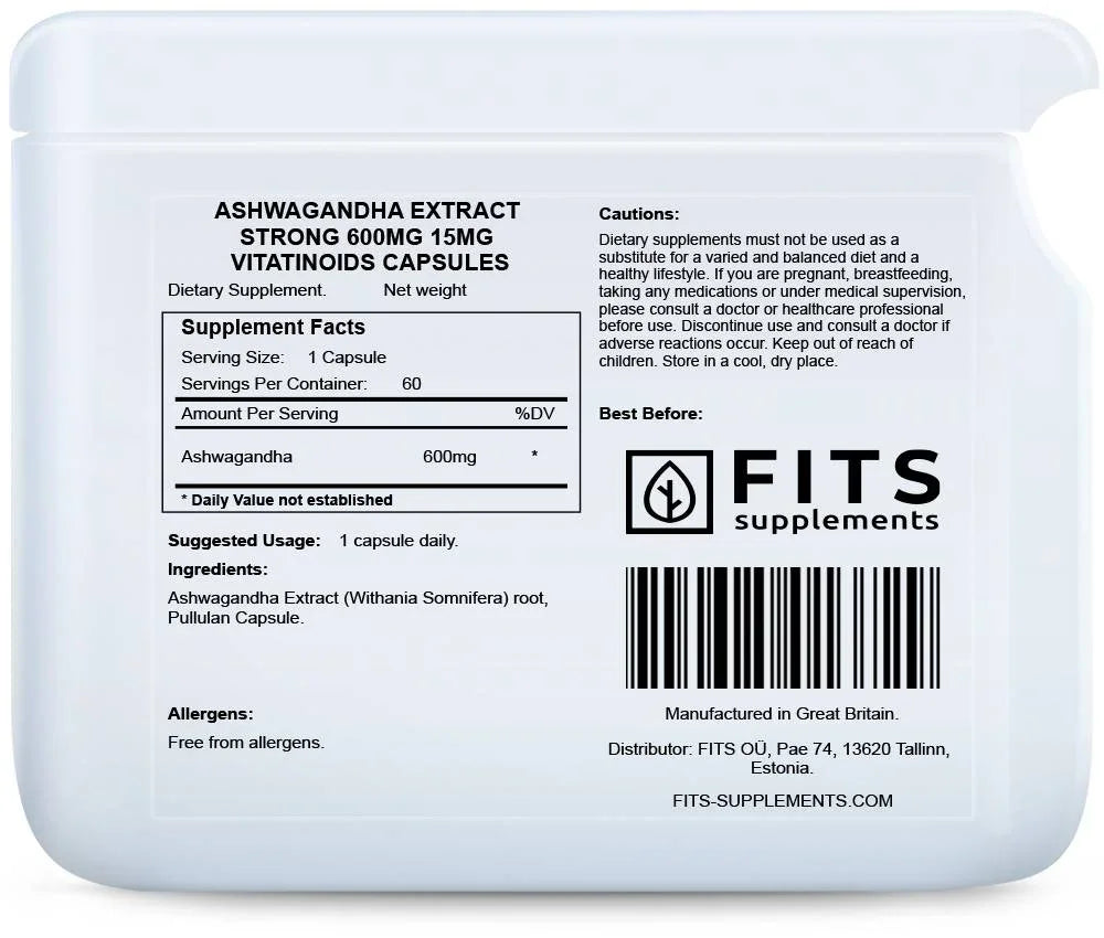 Ashwagandha Extract Strong 600mg 15mg vitatinoids 60 capsules - FITS Dietary Supplements