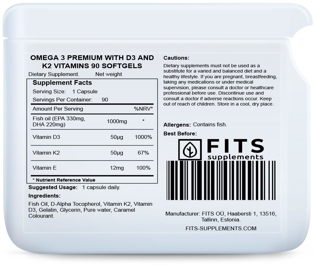 Omega-3 Premium D3 ja K2 vitamiinidega 90 geelkapslit