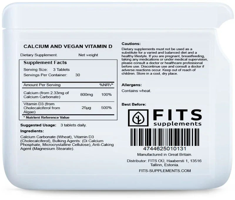 Calcium and Vegan Vitamin D 90 tablets - FITS Dietary Supplements