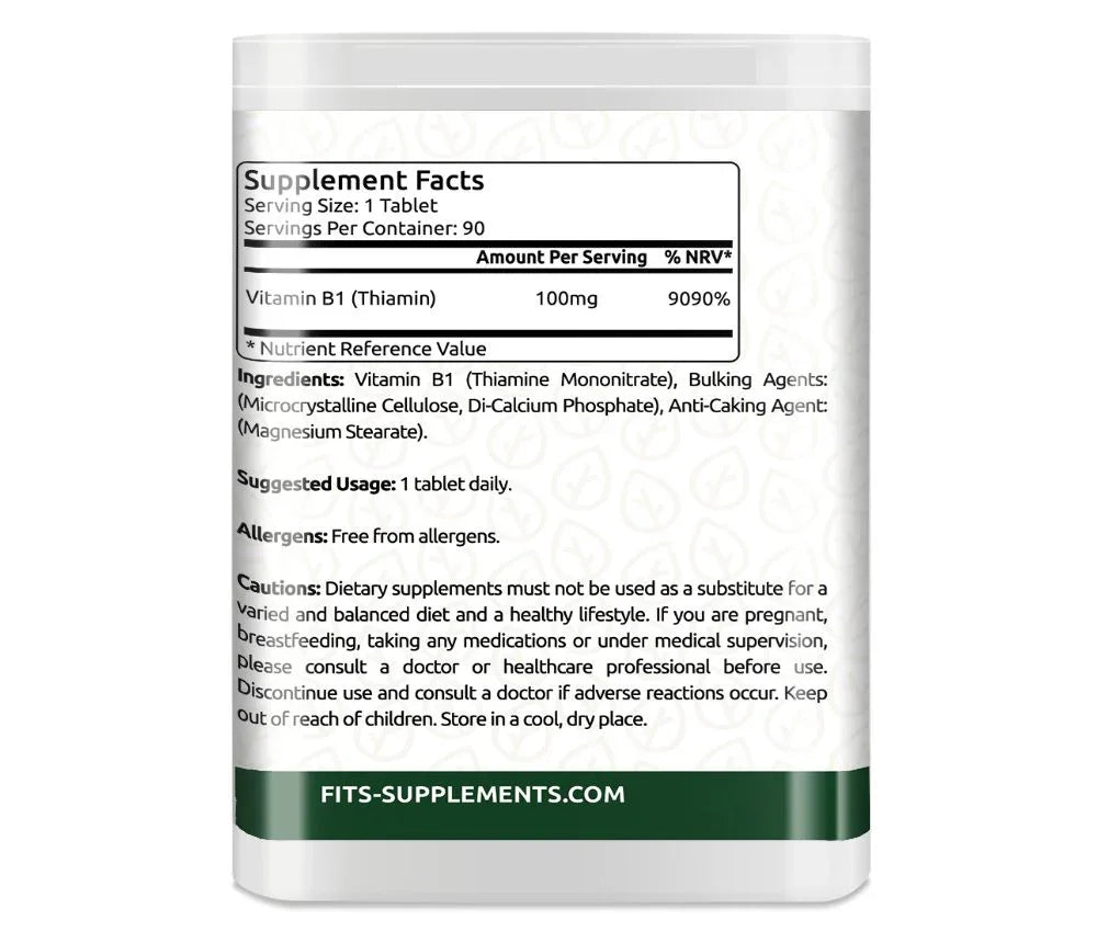 Vitamin B1 100mg (Thiamin) 90 tablets - FITS Dietary Supplements