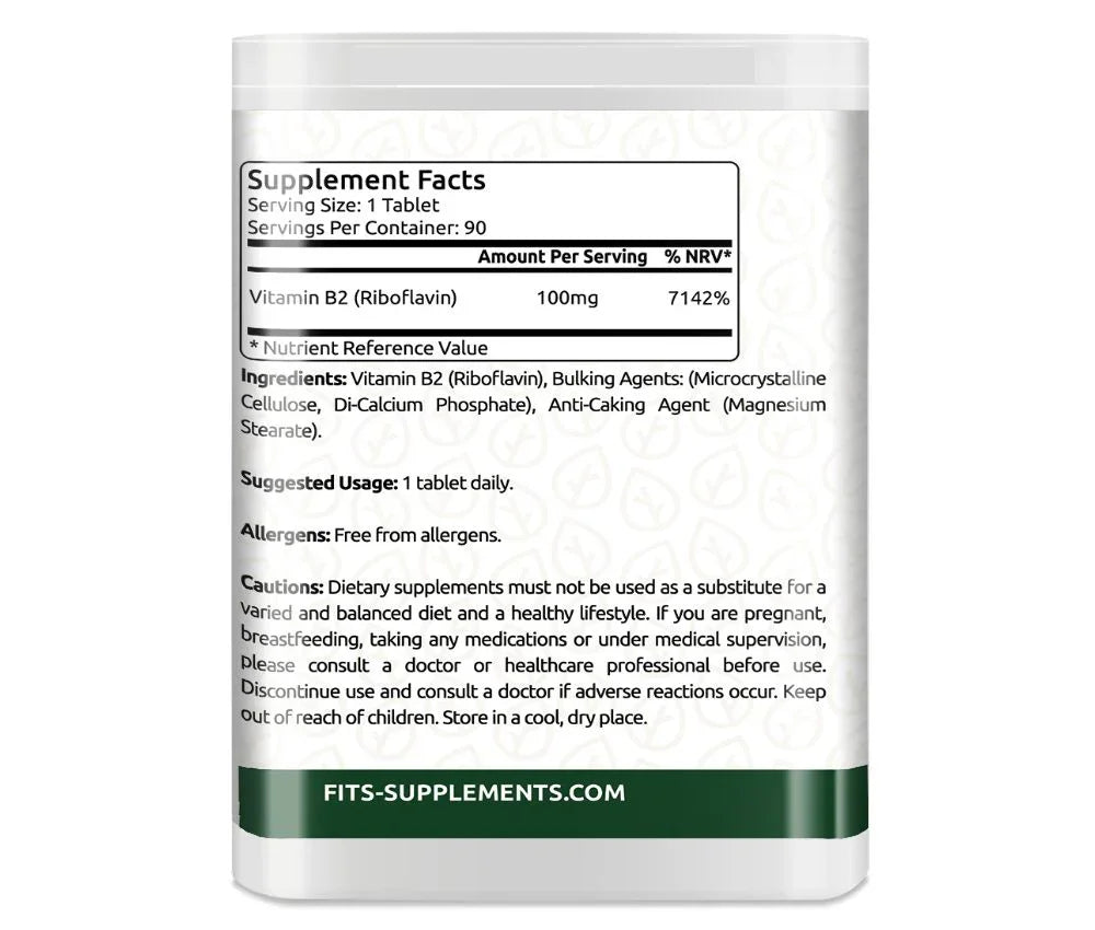 Vitamin B2 100mg (Riboflavin) 90 tablets - FITS Dietary Supplements