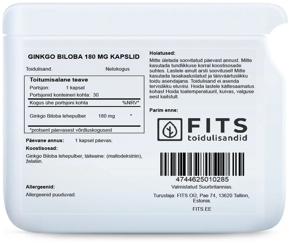 Ginkgo Biloba 180mg 30 capsules - FITS Dietary Supplements