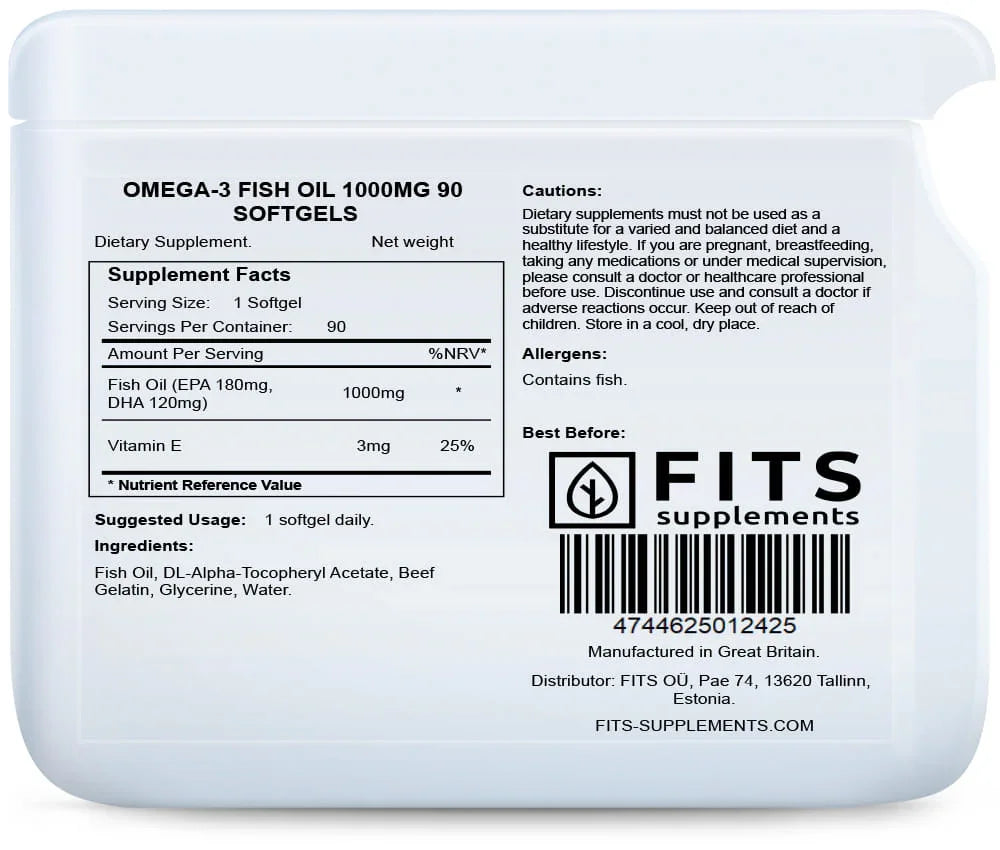 Omega-3 Fish Oil 1000mg 90 softgels - FITS Dietary Supplements