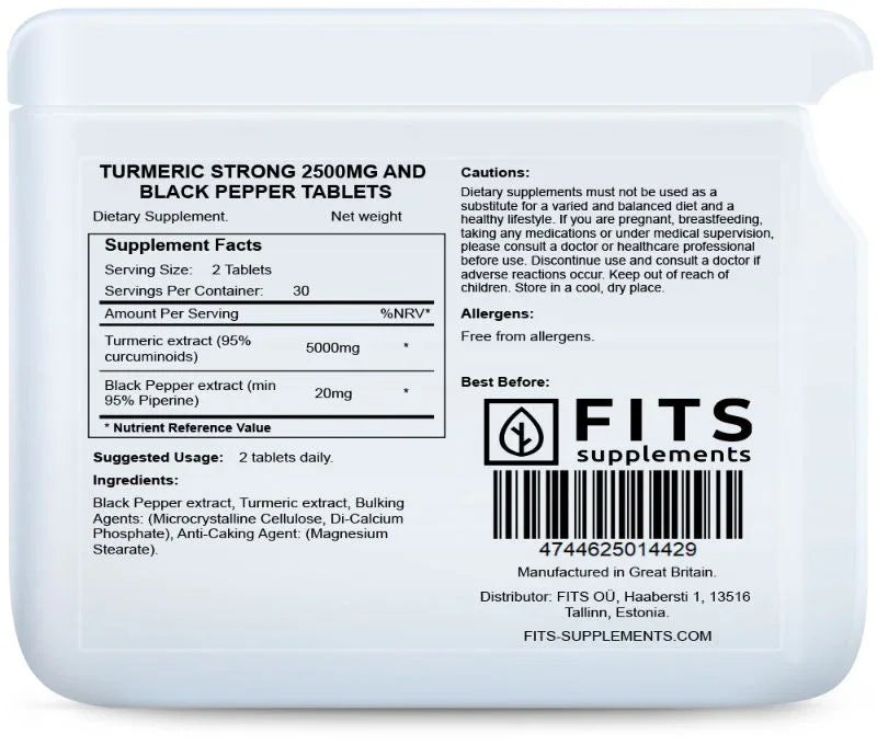 Turmeric 2500mg and Black Pepper 10mg 60 tablets - FITS Dietary Supplements